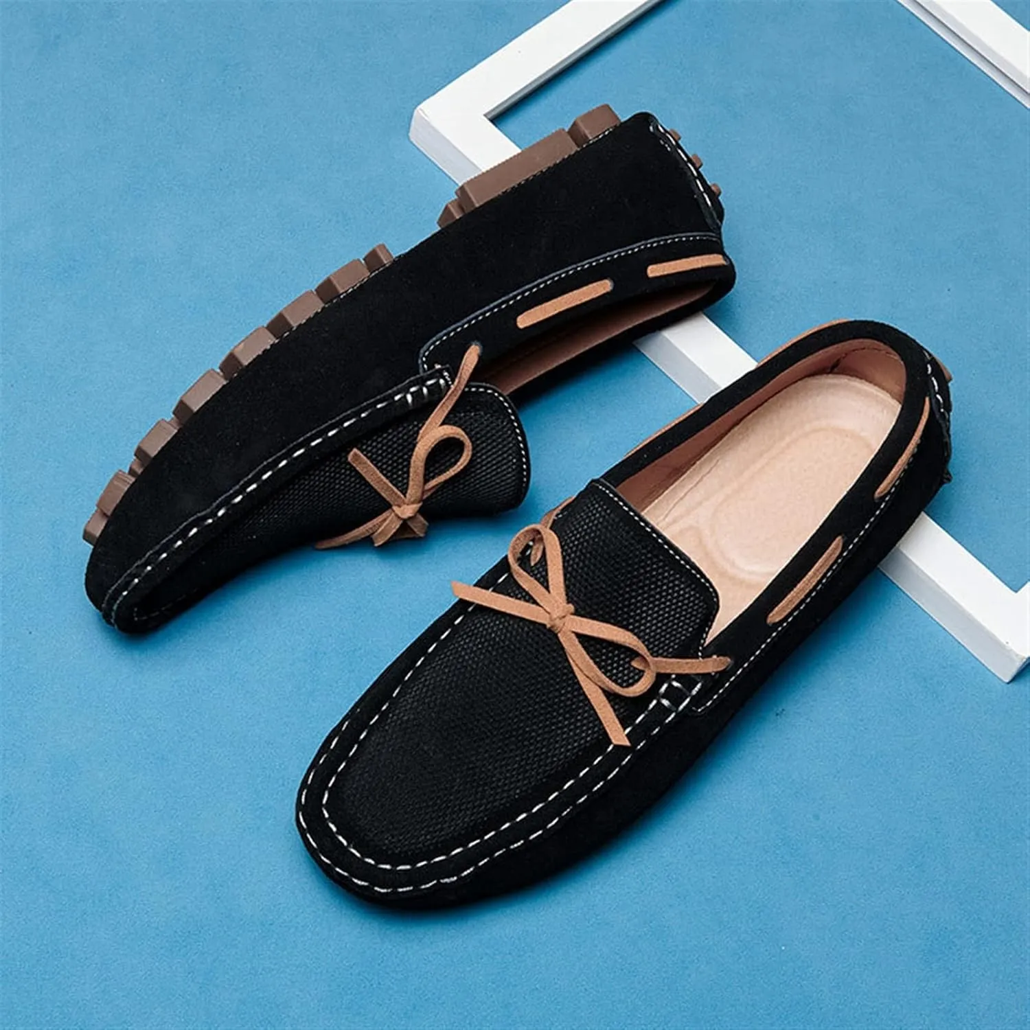 Driving Moccasins for Men Deck Shoes Genuine Leather Stitching Details Round Toe 1-Eye Suede Vamp Flat Heel Resistant Flexible Anti-Slip Driving for Any Attire