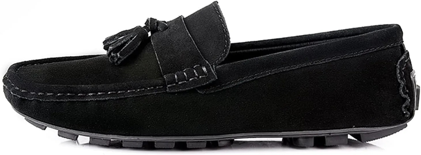 Driving Moccasins for Men Genuine Leather Tassel Stitching Details Round Toe Suede Vamp Flexible Lightweight Resistant Anti-Slip Flat Heel Driving for Any Attire