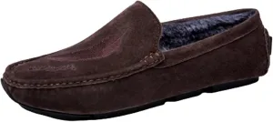 Driving Moccasins Smoking Loafer for Men Genuine Leather Round Toe Leaf Embroidery Perforated Faux Fur Lined Option Comfortable Soft Flat Heel for Any Attire