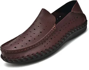Men's Genuine Leather Hand-Stitched Loafers & Slip-Ons,Comfortable Slip-On Soft-Soled Casual Flats,Outdoor Non-Slip Casual Walking and Driving Business Formal Shoes