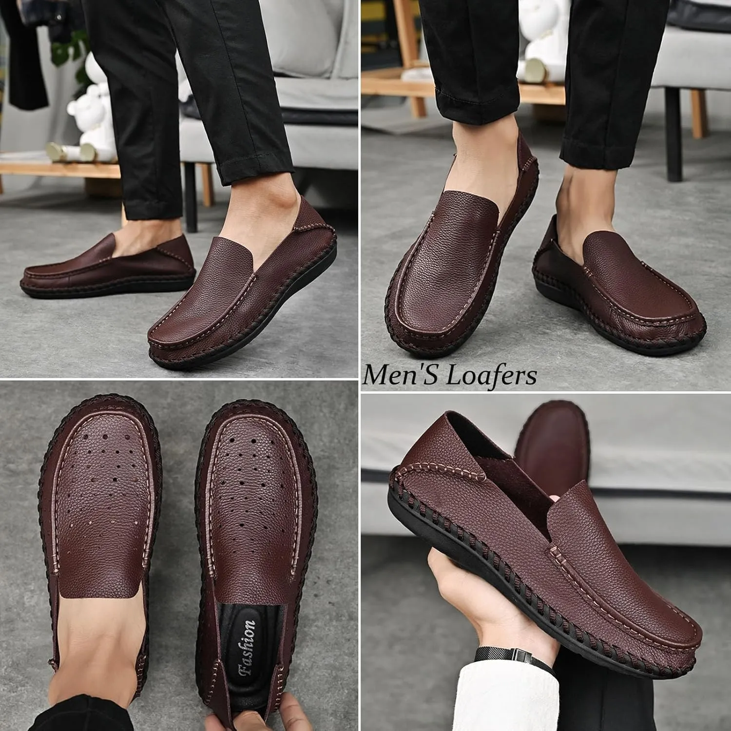 Men's Genuine Leather Hand-Stitched Loafers & Slip-Ons,Comfortable Slip-On Soft-Soled Casual Flats,Outdoor Non-Slip Casual Walking and Driving Business Formal Shoes