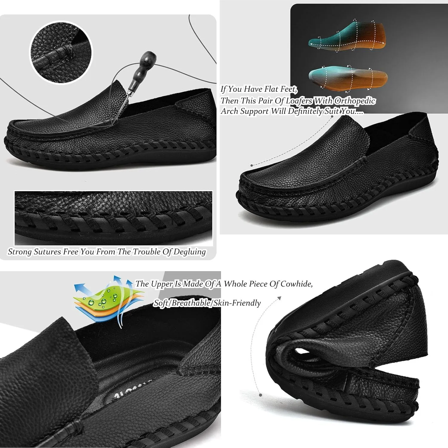 Men's Genuine Leather Hand-Stitched Loafers & Slip-Ons,Comfortable Slip-On Soft-Soled Casual Flats,Outdoor Non-Slip Casual Walking and Driving Business Formal Shoes