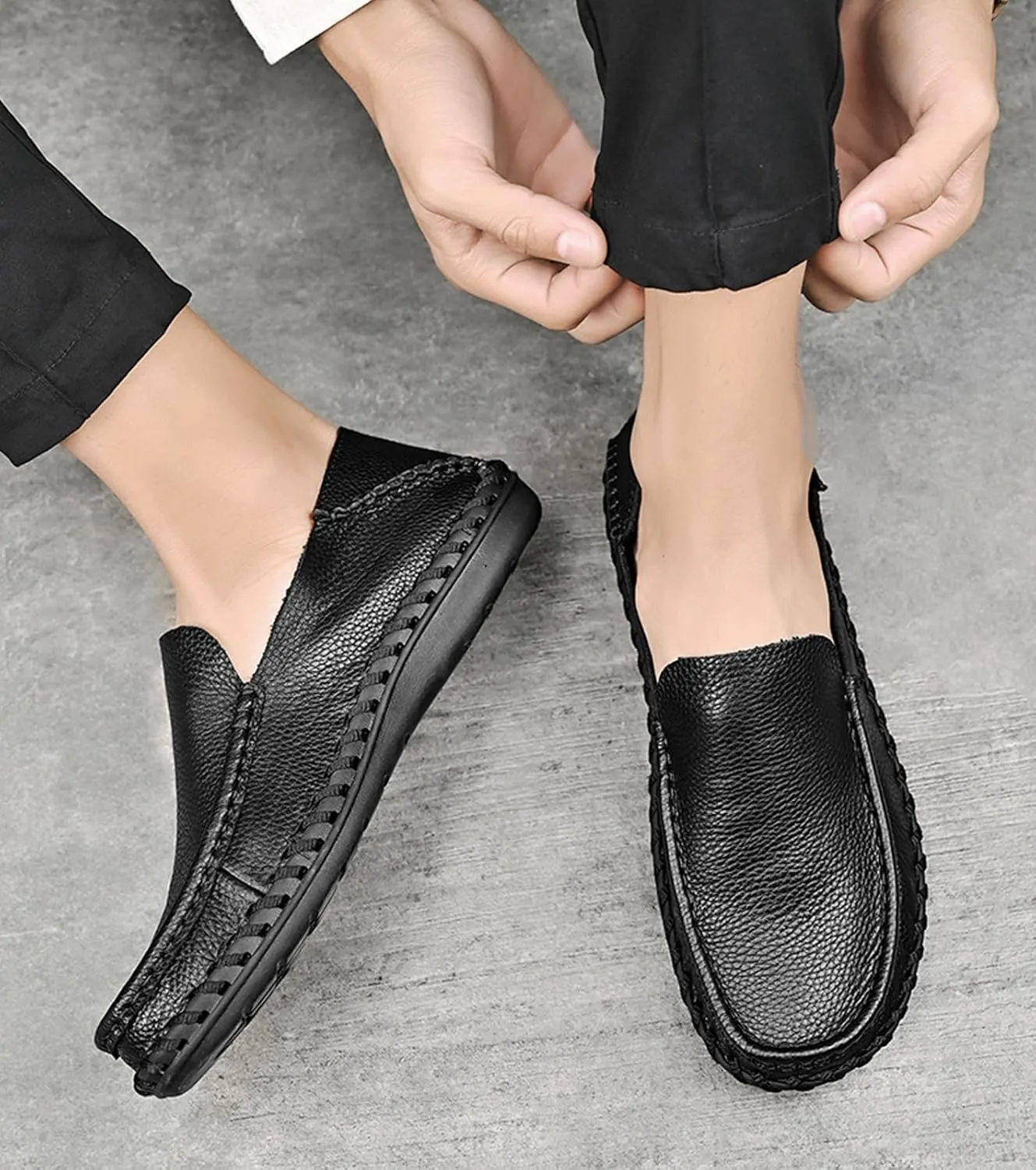 Men's Genuine Leather Hand-Stitched Loafers & Slip-Ons,Comfortable Slip-On Soft-Soled Casual Flats,Outdoor Non-Slip Casual Walking and Driving Business Formal Shoes