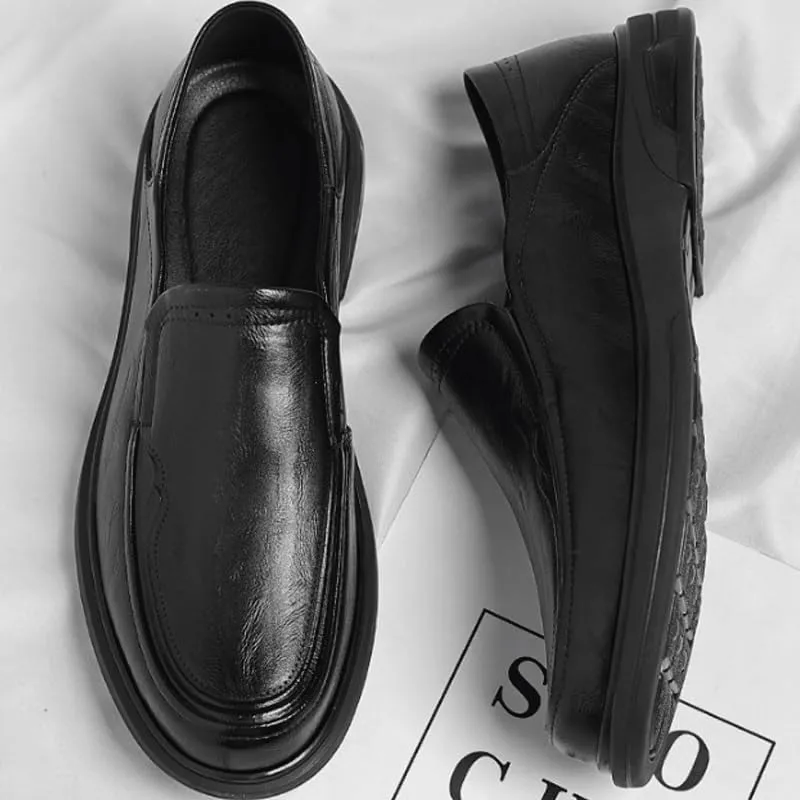 Mens Handmade Leather Slip On Loafers Non-Slip Lug Sole Round Toe Penny Formal Shoes for Driving Daily Work Office