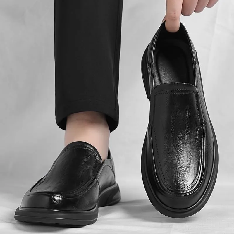 Mens Handmade Leather Slip On Loafers Non-Slip Lug Sole Round Toe Penny Formal Shoes for Driving Daily Work Office