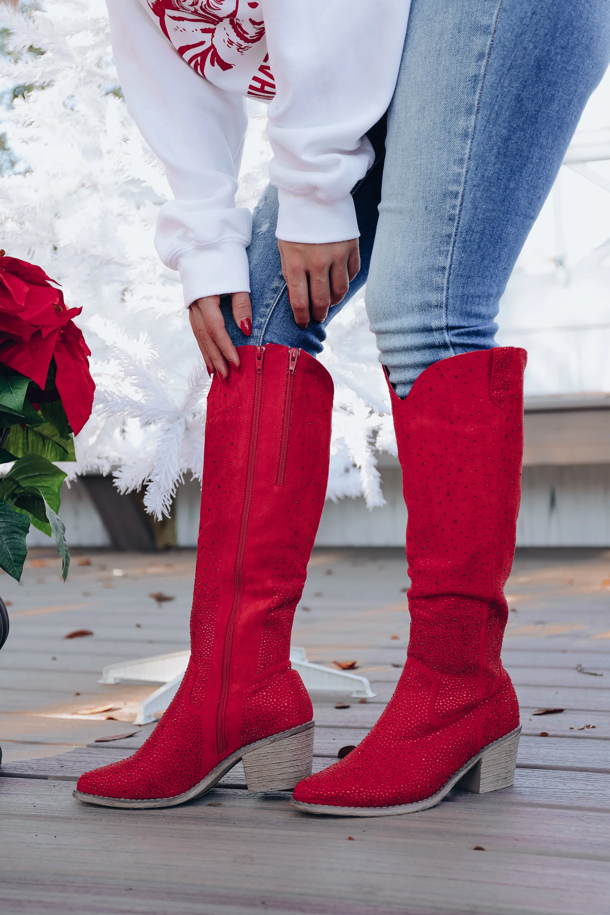Steppin' Out Rhinestone Knee High Boot - Red