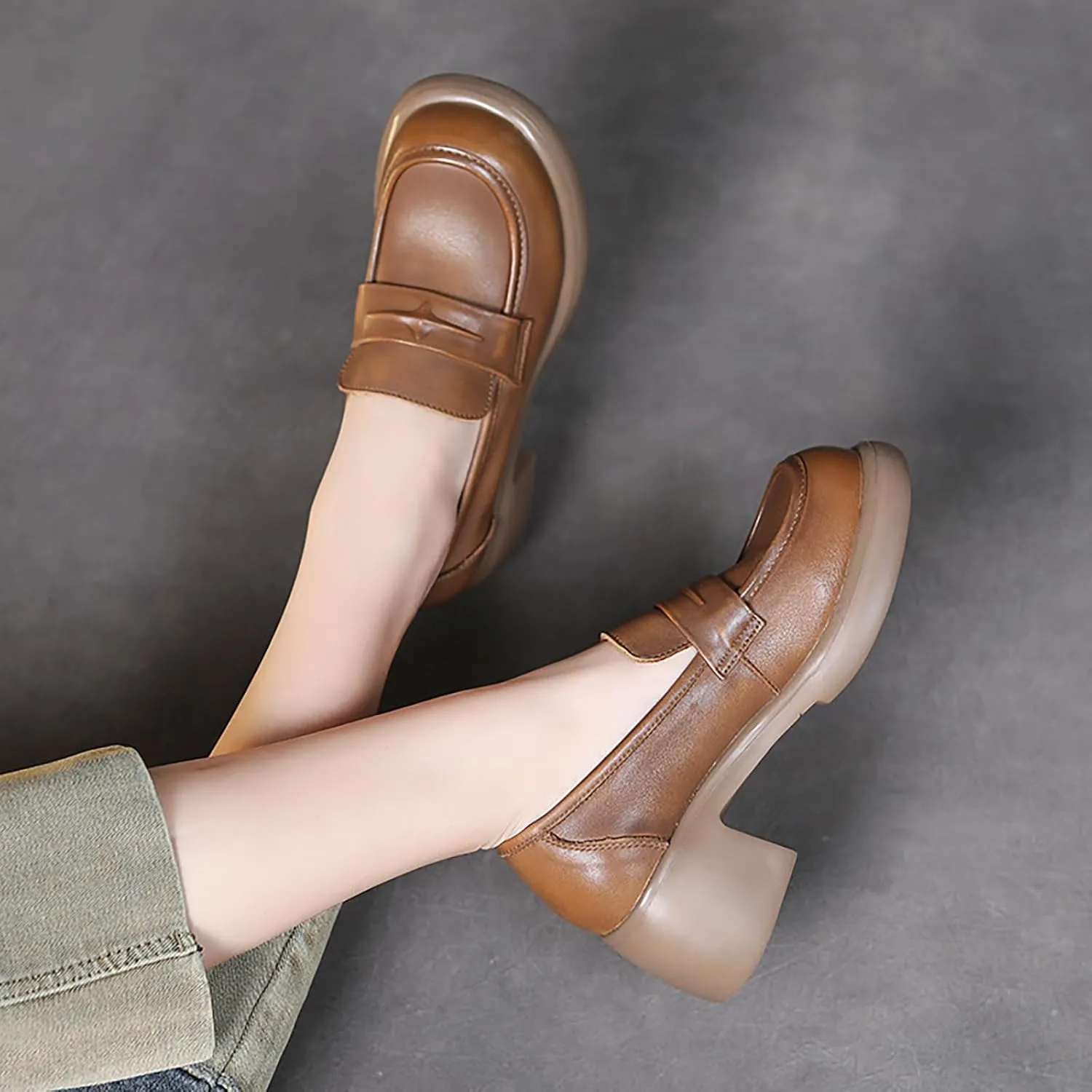 Women's genuine leather Slip-on Platforms Chunky Loafers Fashion Handmade Round Toe Block Heeled loafers Casual Comfortable Non-Slip Formal penny Shoes