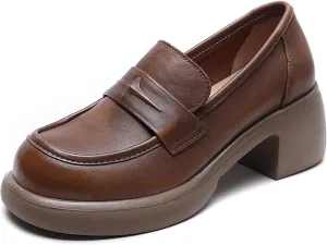 Women's genuine leather Slip-on Platforms Chunky Loafers Fashion Handmade Round Toe Block Heeled loafers Casual Comfortable Non-Slip Formal penny Shoes