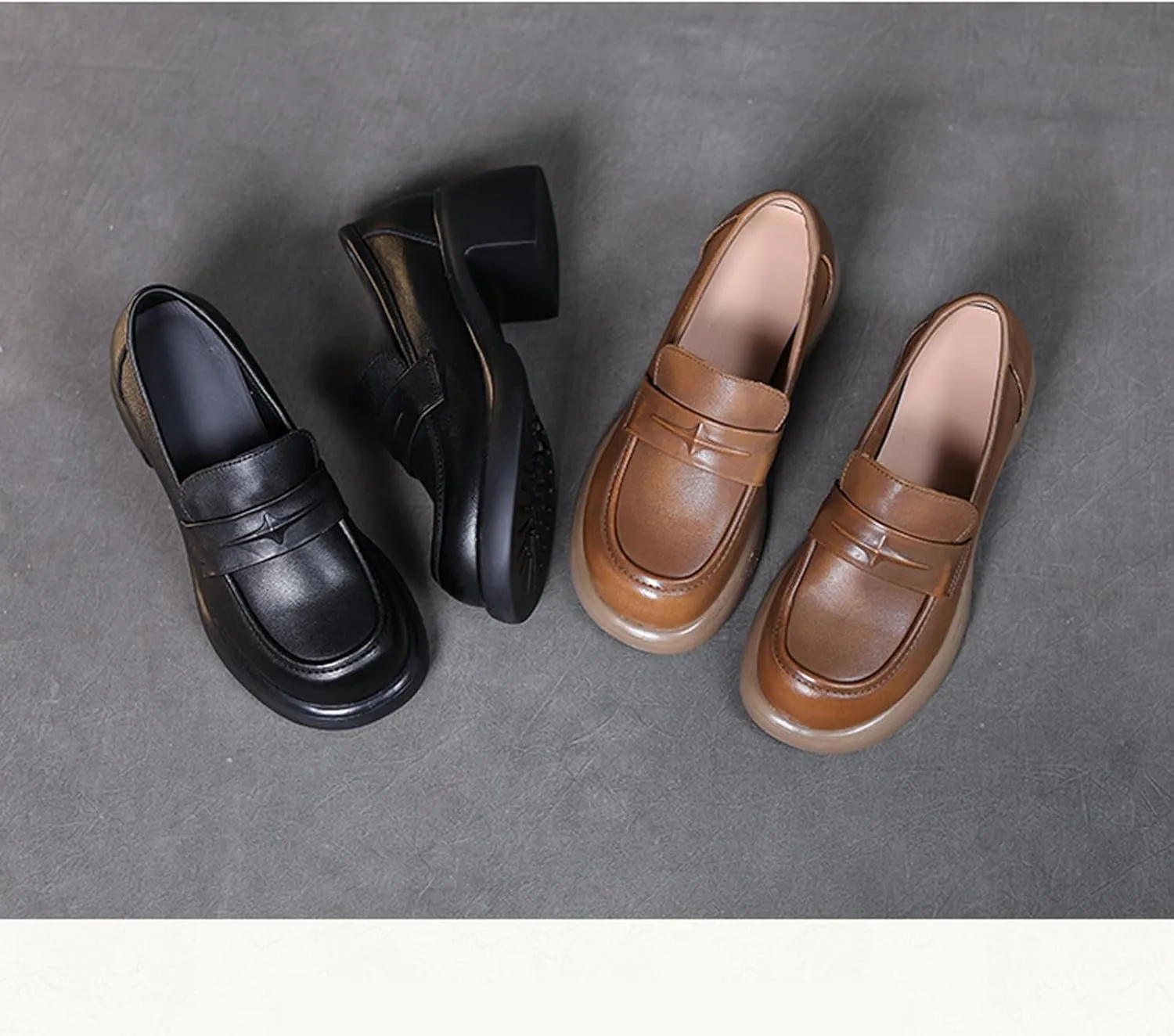 Women's genuine leather Slip-on Platforms Chunky Loafers Fashion Handmade Round Toe Block Heeled loafers Casual Comfortable Non-Slip Formal penny Shoes